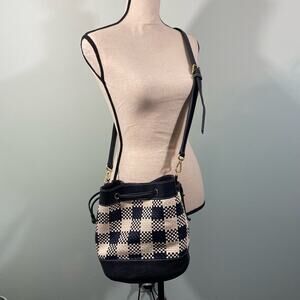 Talbots Navy & White Gingham Woven Leather Trim Bucket Crossbody Bag